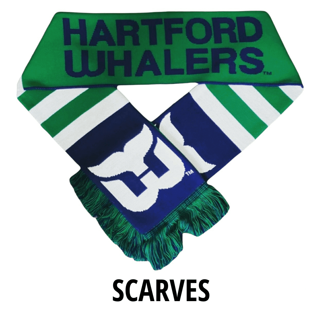 Hartford Whalers Hockey Scarf with blue letters. The Green, blue and while scarf is on a white background.