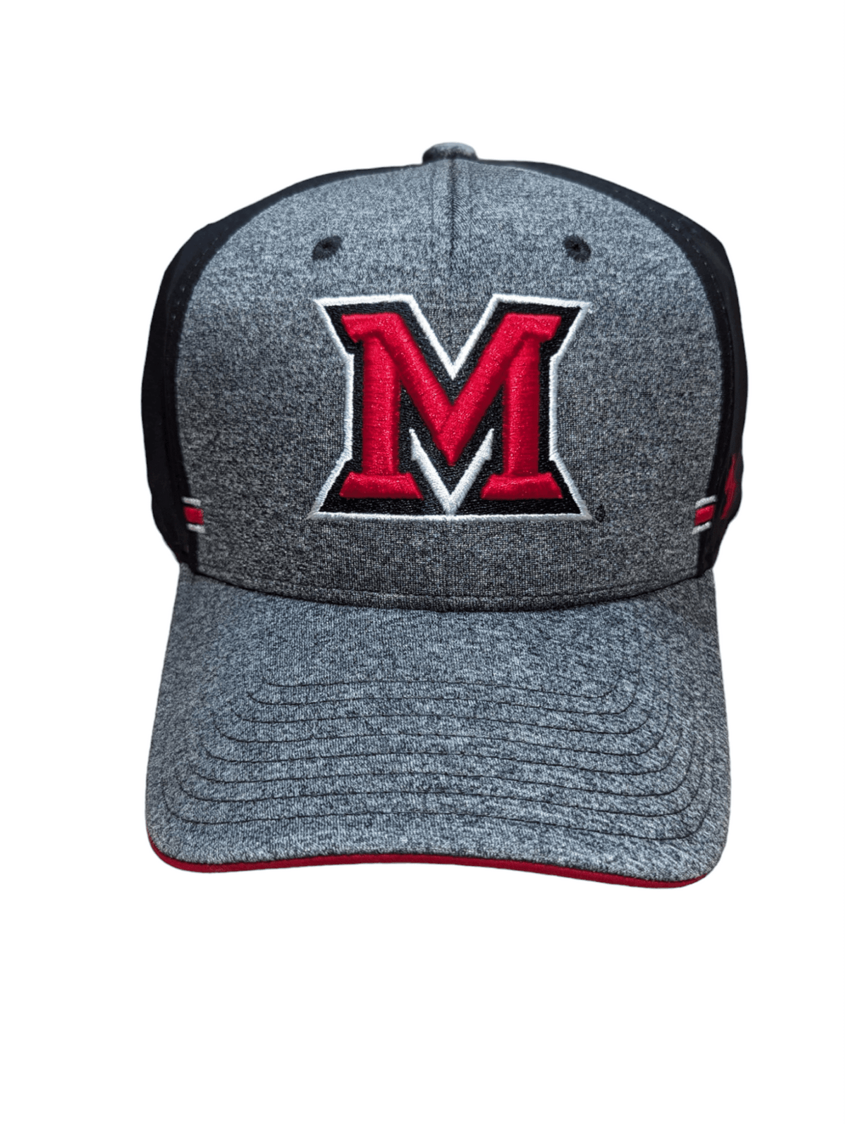 Miami Redhawks Black and Grey Stretch Fit Hat with Red Miami M Hat - Available at Carrot Stick Sports