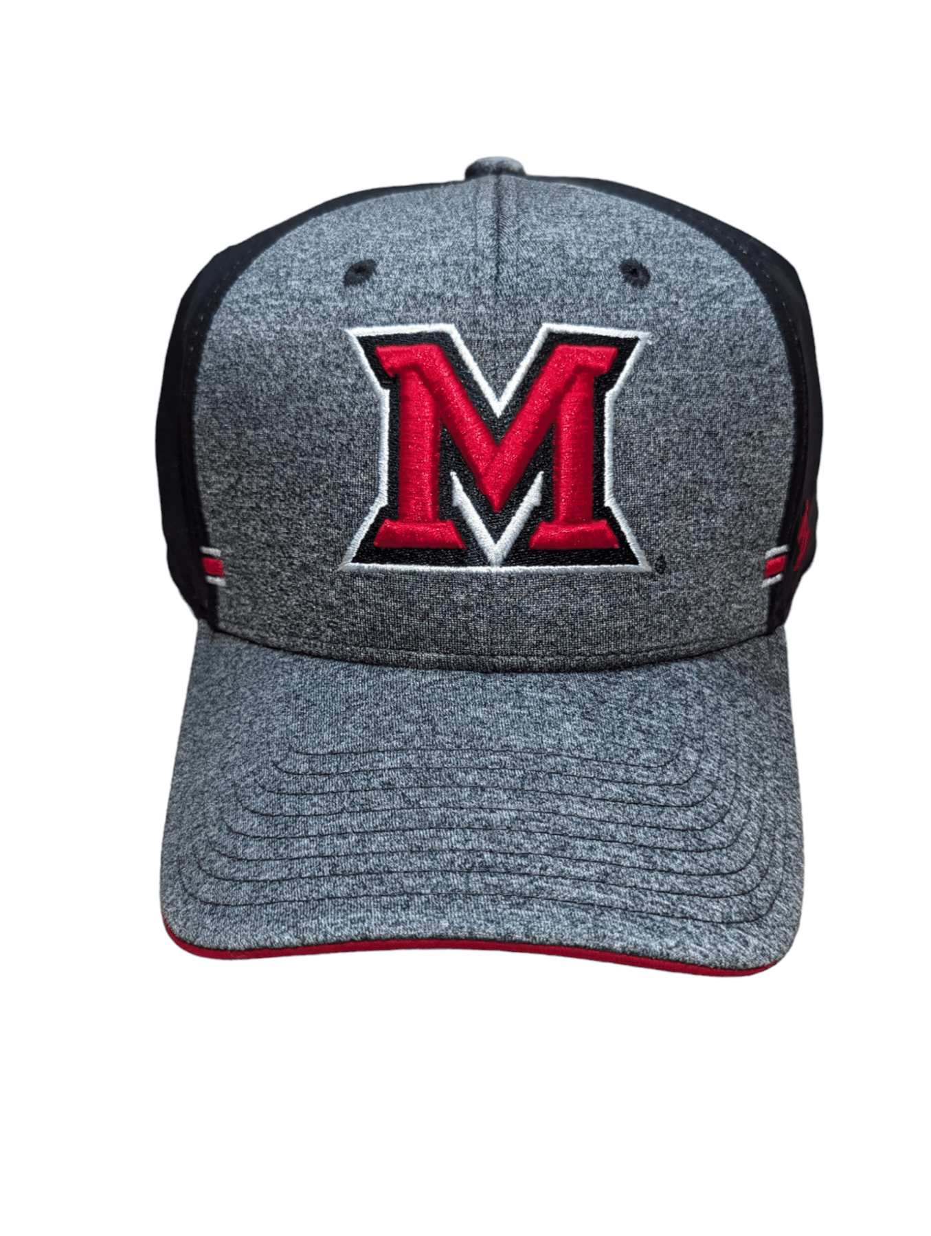 Miami Redhawks Black and Grey Stretch Fit Hat with Red Miami M Hat - Available at Carrot Stick Sports