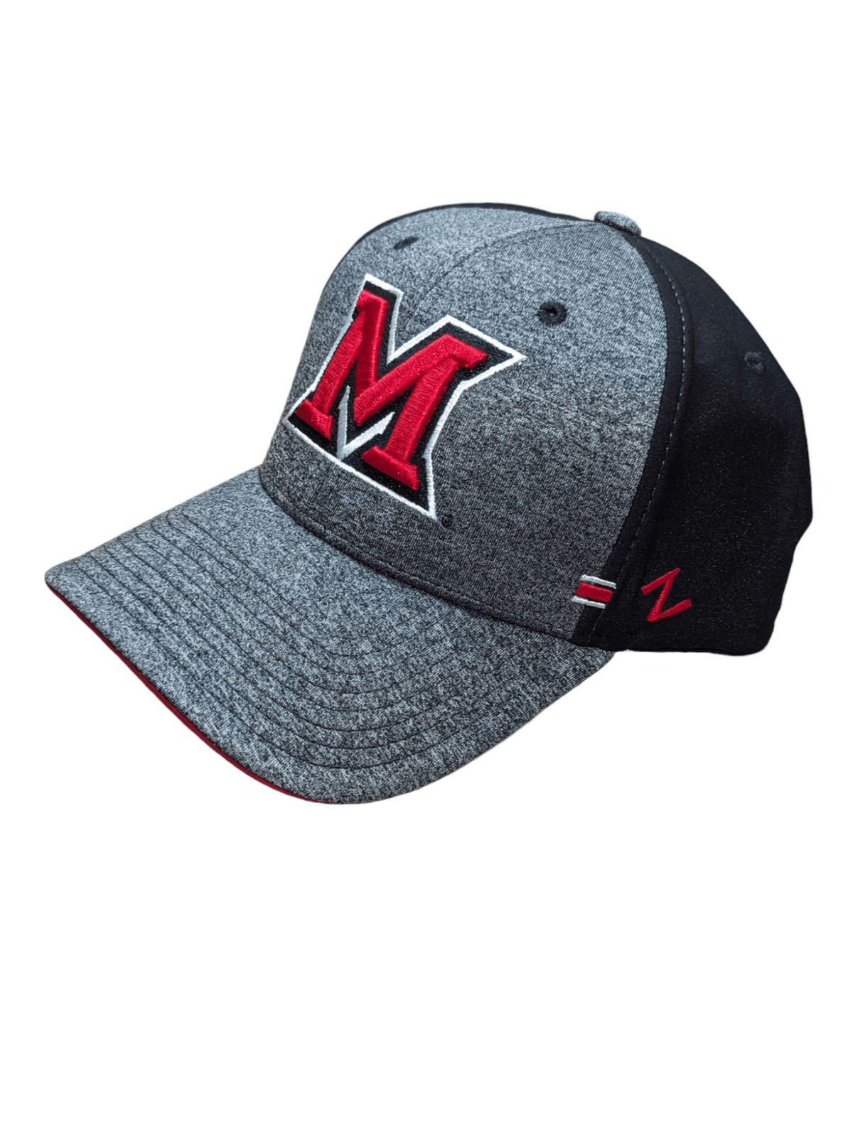 Miami Redhawks Black and Grey Stretch Fit Hat with Red Miami M Hat - Available at Carrot Stick Sports