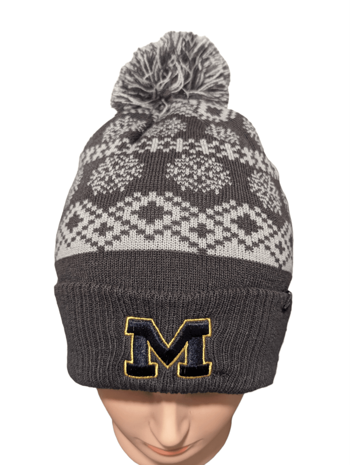 Michigan Wolverines "M" Grey Snowflake Knit Beanie Hat - Available at Carrot Stick Sports