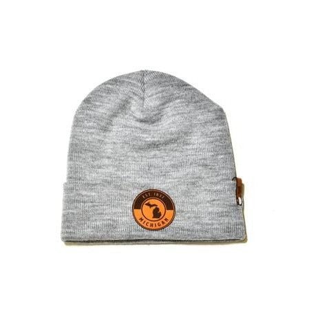 Heather Grey Knit Beanie with Michigan Leather Patch Hat - Available at Carrot Stick Sports