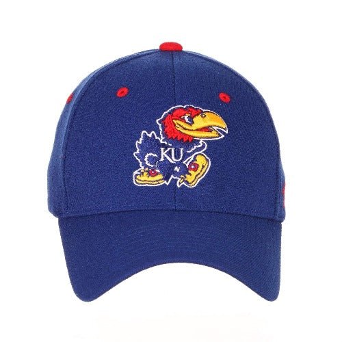 Kansas Jayhawks Blue Stretch Fit Ballcap with Mascot and Logo Embellishments Hats - Available at Carrot Stick Sports