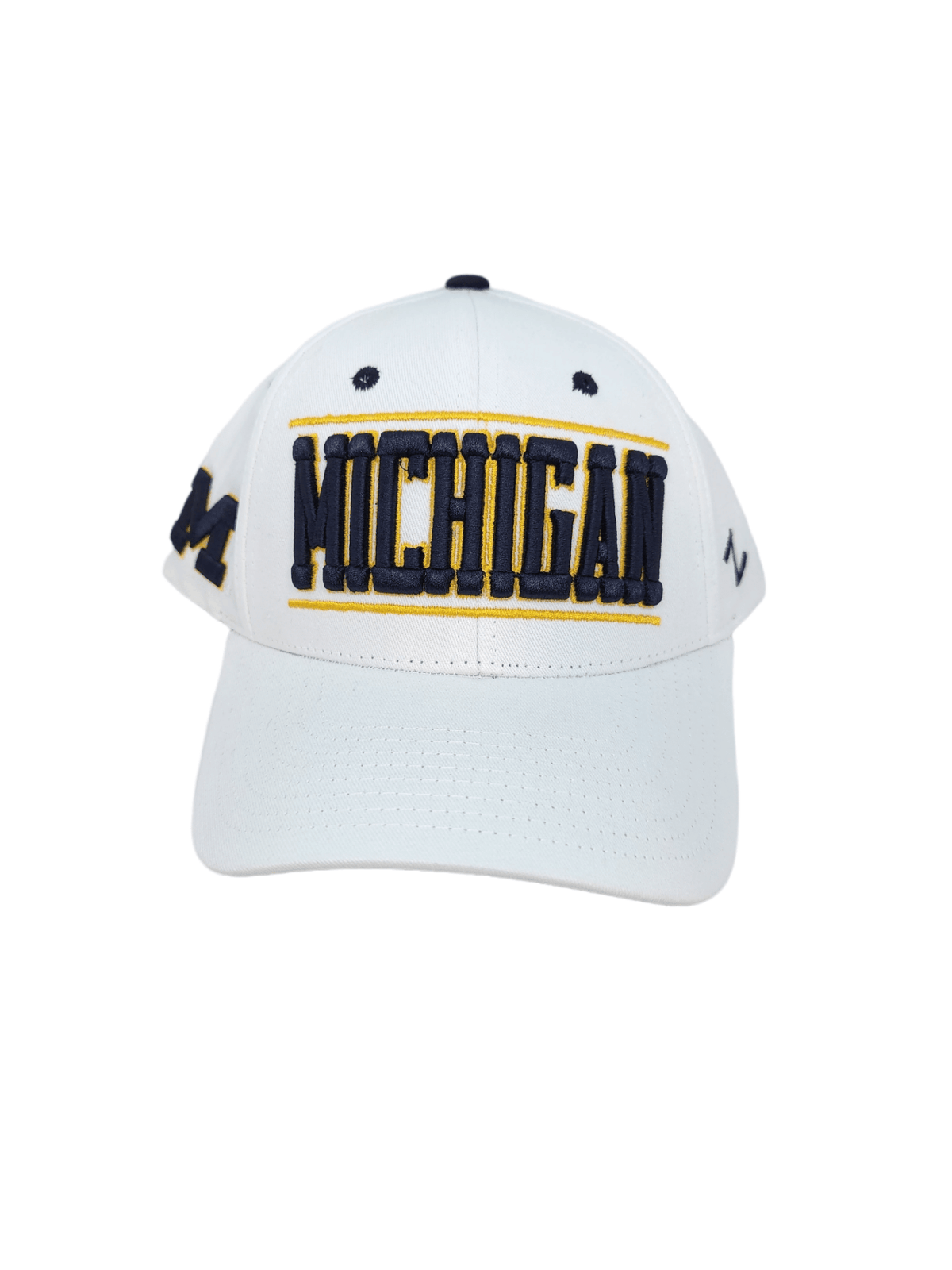 Wolverines Adjustable White Cap with Block M Embellishment Hats - Available at Carrot Stick Sports