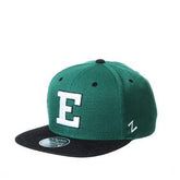 EMU Eagles Green Flat Bill Snapback Hat with White Block E Logo Hat - Available at Carrot Stick Sports