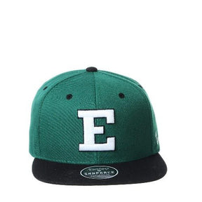 EMU Eagles Green Flat Bill Snapback Hat with White Block E Logo Hat - Available at Carrot Stick Sports