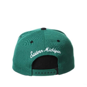 EMU Eagles Green Flat Bill Snapback Hat with White Block E Logo Hat - Available at Carrot Stick Sports