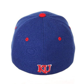 Kansas Jayhawks Blue Stretch Fit Ballcap with Mascot and Logo Embellishments Hats - Available at Carrot Stick Sports