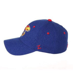 Kansas Jayhawks Blue Stretch Fit Ballcap with Mascot and Logo Embellishments Hats - Available at Carrot Stick Sports