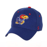 Kansas Jayhawks Blue Stretch Fit Ballcap with Mascot and Logo Embellishments Hats - Available at Carrot Stick Sports