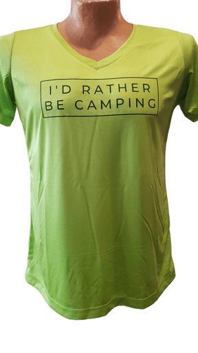 Carrot Stick Sports Clothing Ladies Large V-Neck Lime I'd Rather Be Camping tshirt