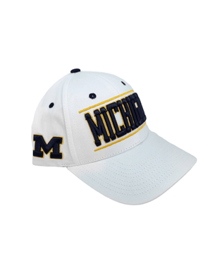 Wolverines Adjustable White Cap with Block M Embellishment Hats - Available at Carrot Stick Sports